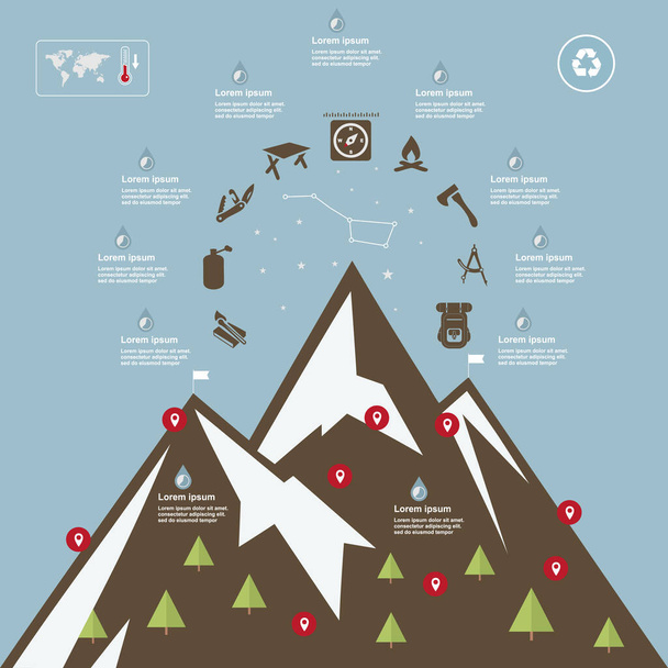 Εικονογράφηση βουνών, στοιχεία κατασκήνωσης-ταξιδιού, σε επίπεδη σχεδίαση - Διάνυσμα, εικόνα