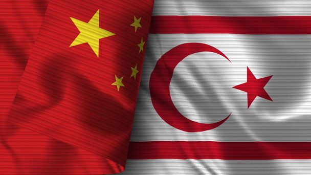 Turkish Republic of Northern Cyprus and China Realistic Flag  Fabric Texture 3D Illustration - Foto, immagini