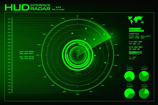Zelená obrazovka radaru na černém pozadí, HUD rozhraní - Vektor, obrázek