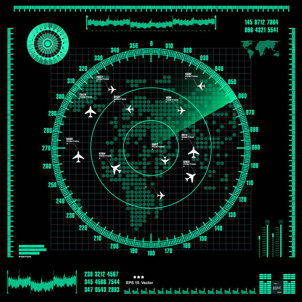 Zielony ekran radaru na czarnym tle, interfejs HUD - Wektor, obraz