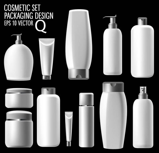 Realistic cosmetics, hair shampoo, soap and hand cream. Promoting premium products, realistic cosmetics, illustration of cosmetics - Vector, Image
