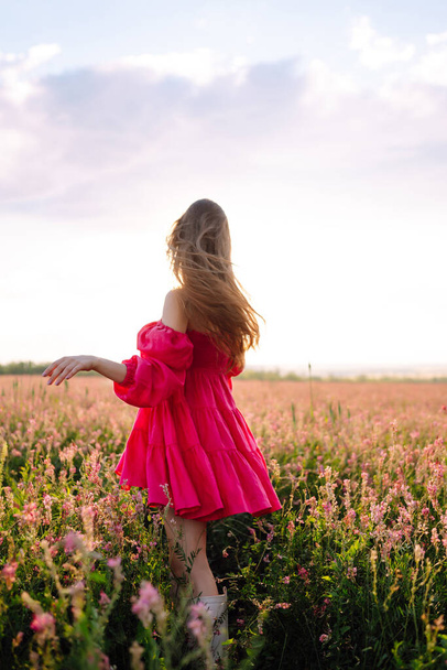 Stylish woman in a pink dress posing in the blooming field. Nature, vacation, relax and lifestyle. Fashion concept. - Foto, Imagen
