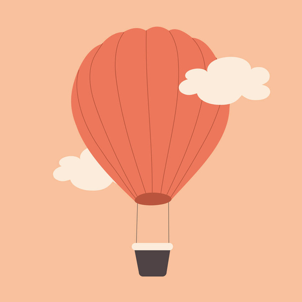 Warme luchtballon en wolken op een achtergrond van roze lucht. Feestelijke briefkaart. Moderne print voor decoratieve kussens, T-shirts.  - Foto, afbeelding