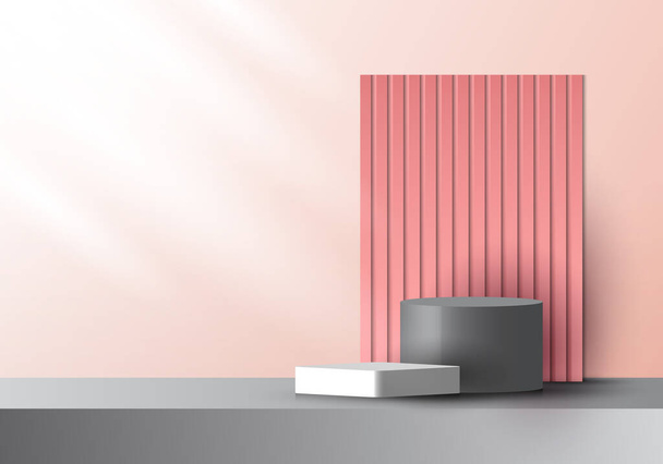 3D реалістична геометрична платформа рожевого і сірого кольорів і бореться з фоном з бічним освітленням макет мінімальний сценічний фон для косметичного продукту, вітрини і т.д. Векторні ілюстрації
 - Вектор, зображення