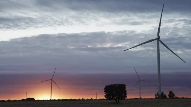 Закат солнца с современным силуэтом ветряных турбин - Кадры, видео