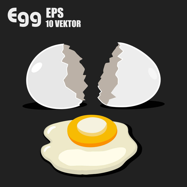 Illustrazione di un uovo rotto realistico su sfondo nero, design piatto - Vettoriali, immagini