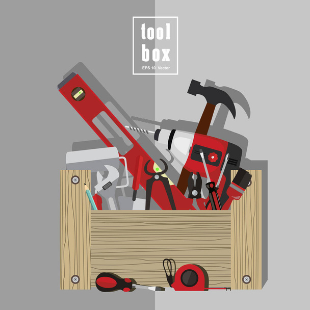Ilustrace realistické dřevěné skříňky s nástroji, stavebními nástroji, prvky na plochém designu - Vektor, obrázek