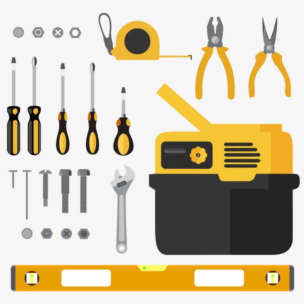 Illustration ensemble réaliste d'outils de construction sur design plat - Vecteur, image