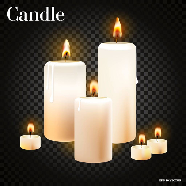 Realistic set of burning candles on transparent background, realistic illustration - Vector, Image