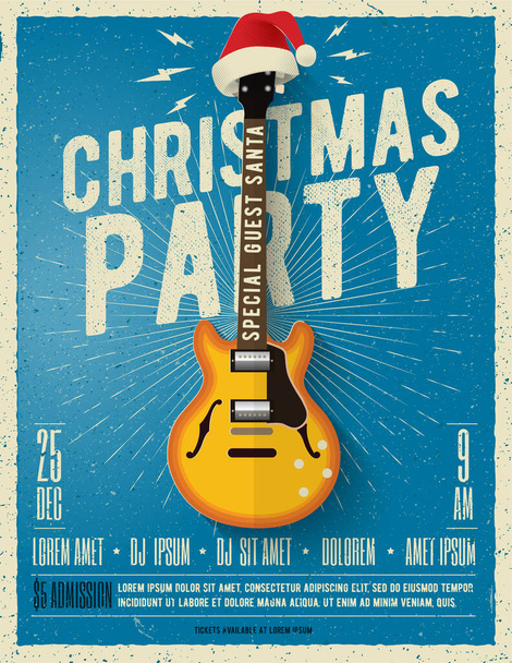 Vánoční plakát nebo leták design šablona s elektrickou kytaru s červenou Santa klobouk na modrém pozadí. Vektorová ilustrace. - Vektor, obrázek