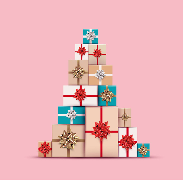Christmas gifts or present colored boxes laid out in christmas tree shape isolated on pink background. Realistic vector illustration for christmas banner or flyer design. - Vector, Image