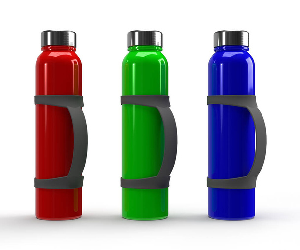Illustration 3D Ensemble de 3 bouteilles d'eau en verre réalistes avec poignée en silicone gris isolé sur fond blanc avec couvercles métalliques produit pour l'illustration et maquettes pour l'emballage, vue de face - Photo, image