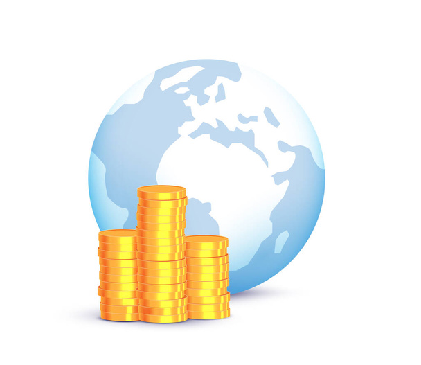 Mondiale wereldeconomie concept met wereldbol en stapels gouden munten op paarse achtergrond. Vectorillustratie - Vector, afbeelding