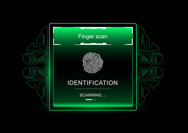 Escaneo de dedos en identificación biométrica de estilo futurista con escaneo de huellas digitales de interfaz hud futurista - Vector, Imagen