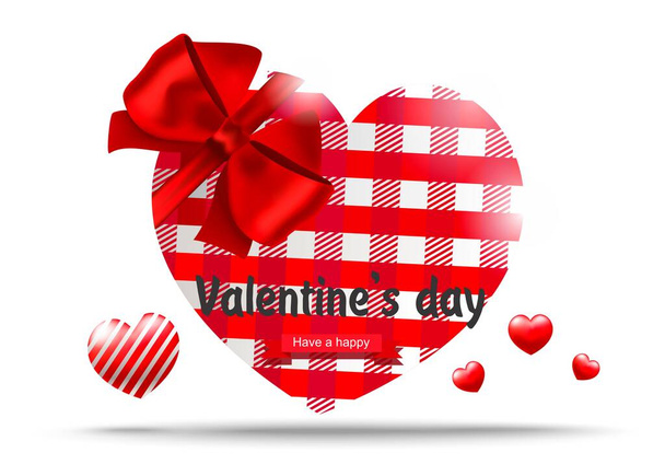 San Valentín, corazones de trapo rojo, lazo rojo, borde rojo sobre fondo blanco - Vector, imagen