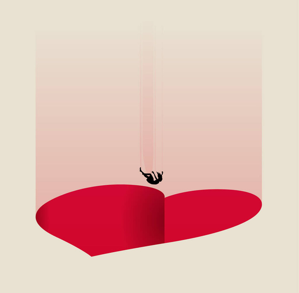 Verlieben oder abhängige Beziehung abstraktes Metapher-Konzept mit fallender Frauensilhouette in den roten herzförmigen Abgrund. Minimalistische Vektorillustration - Vektor, Bild