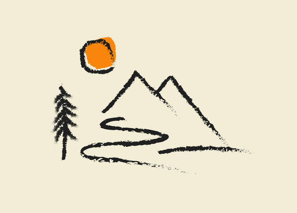 Χειροποίητο μινιμαλιστικό τοπίο αφηρημένων βουνών. Όρη λογότυπο ή εικονίδιο ή ετικέτα ή έμβλημα ή t-shirt πρότυπο σχεδιασμού. Εικονογράφηση διανύσματος - Διάνυσμα, εικόνα