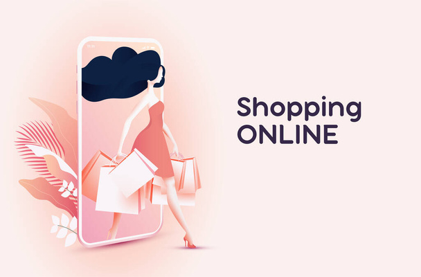 Online-Shopping oder Online-Boutique-Banner Konzept mit hübschen Frau im Kleid mit Einkaufstaschen und kommt aus dem mobilen Bildschirm auf hellrosa Hintergrund. Vektorillustration - Vektor, Bild