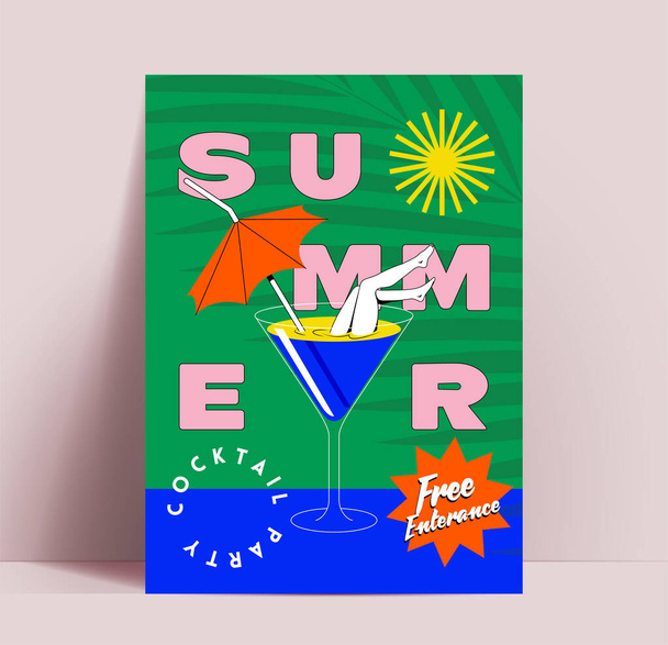 Volantino o poster per cocktail estivi o modello di design banner con composizione tipografica colorata alla moda con bicchiere da cocktail. Illustrazione vettoriale - Vettoriali, immagini
