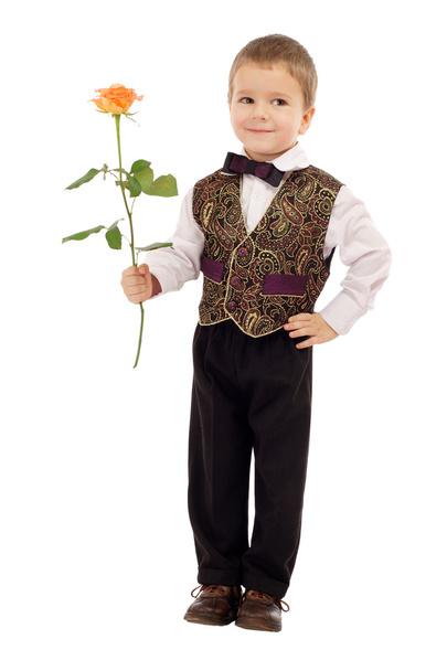 Smiling little boy gives a rose - Fotoğraf, Görsel