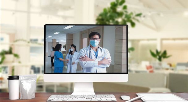 Kórházi klinika labor vagy laboratóriumi orvos nővér tudós karos férfi nézd kamera számítógép notebook tabletta asztali technológia digitális hálózat online video hívás konferencia kezelés.3D render   - Fotó, kép