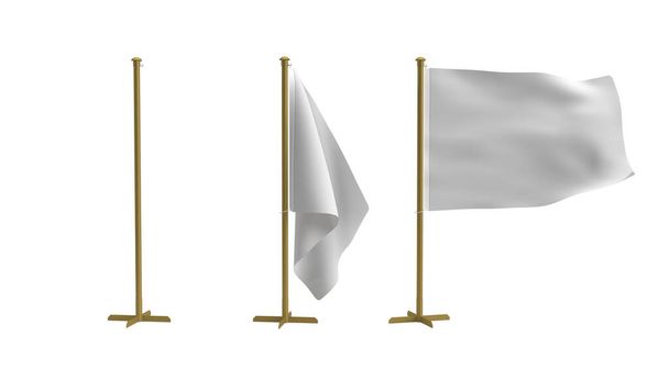 Bandera 3d de renderizado poste y base con bandera colgante, poste de acero dorado y serie de banderas de tela, renderizado 3D para ilustraciones 3D o maquetas - Sistema aislado, bandera colgante aislada, bandera ondulante aislada - Foto, Imagen