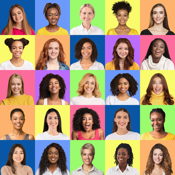 Attirer les femmes multiethniques posant sur des fonds de studio, ensemble de portraits - Photo, image