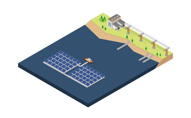 aurinkokennoenergia, aurinkokennojen kelluva voimalaitos isometrisessä grafiikassa - Vektori, kuva