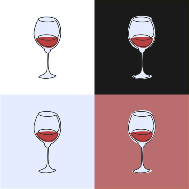 Jedna čára kreslí červené víno na různých pozadích. Čtyři typy obrázků. Barevný kreslený náčrt. Nepřetržitá cesta. Koncept ručně kreslených drinků. Styl kresby volnou rukou - Vektor, obrázek