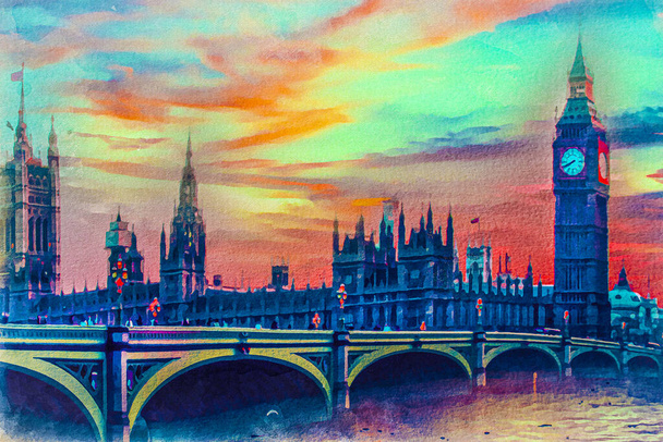 Вид яркой карикатуры на Вестминстерский мост через реку Тэймс возле Вестминстерского дворца и Биг-Бена, Лондон, Англия - Фото, изображение