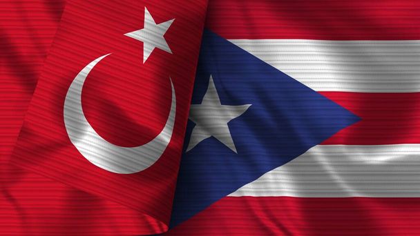 Puerto Rico and Turkey Realistic Flag  Fabric Texture 3D Illustration - Photo, Image