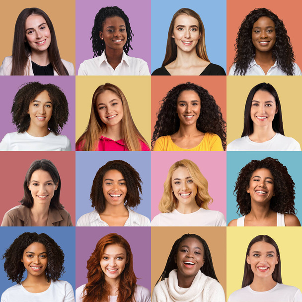 Jovens alegres senhoras multiétnicas, conjunto de retratos - Foto, Imagem