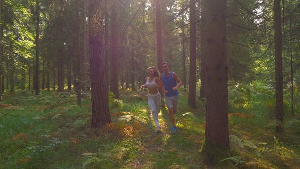 Active Caucasian man and his smiling girlfriend jogging through sunlit forest. - Photo, Image