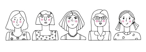 Conjunto vectorial de retratos de personas. Dibujos animados divertidos personajes femeninos minimalistas de diferentes edades. Dibujos de las caras de las mujeres con diversas emociones y estados de ánimo. Avatar para redes sociales. - Vector, imagen