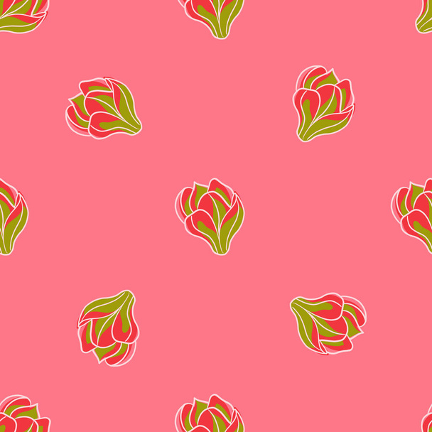 Πράσινο και κόκκινο περίγραμμα λουλούδια μανόλια σχήματα αδιάλειπτη μοτίβο. Ροζ παστέλ φόντο. Φόντο φύσης. Επίπεδη διανυσματική εκτύπωση για ύφασμα, ύφασμα, giftwrap, ταπετσαρίες. Ατελείωτη απεικόνιση. - Διάνυσμα, εικόνα