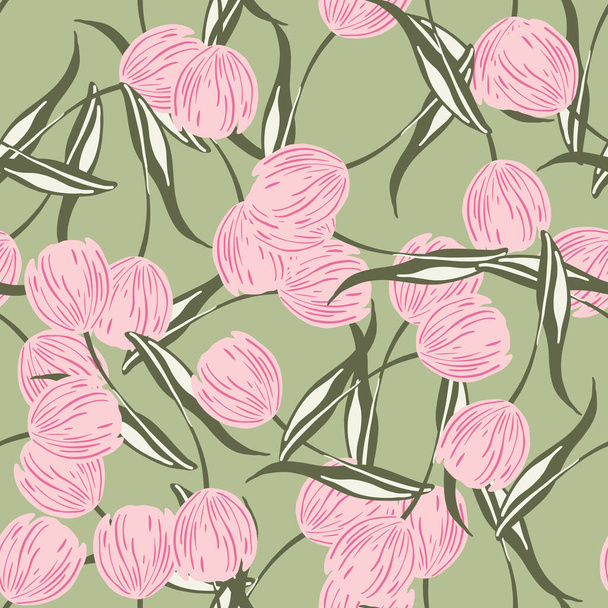 Jarní sezónní bezešvé vzor s botanické růžové tulipán květiny prvky. Pastelově zelené pozadí. Plochý vektorový potisk pro textil, tkaniny, dárky, tapety. Nekonečné ilustrace. - Vektor, obrázek
