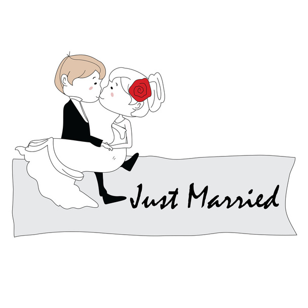 Hochzeitspaar mit frisch verheirateten Zeichen - Vektor, Bild
