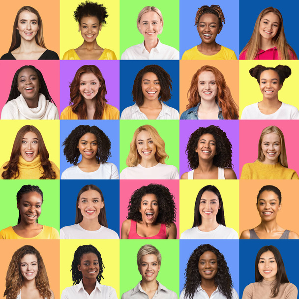 Avatary atrakcyjnych szczęśliwych kobiet różnych narodowości, kolaż - Zdjęcie, obraz