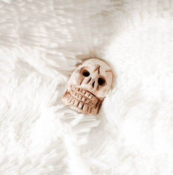 clay skull on white white faux fur background. - Photo, Image
