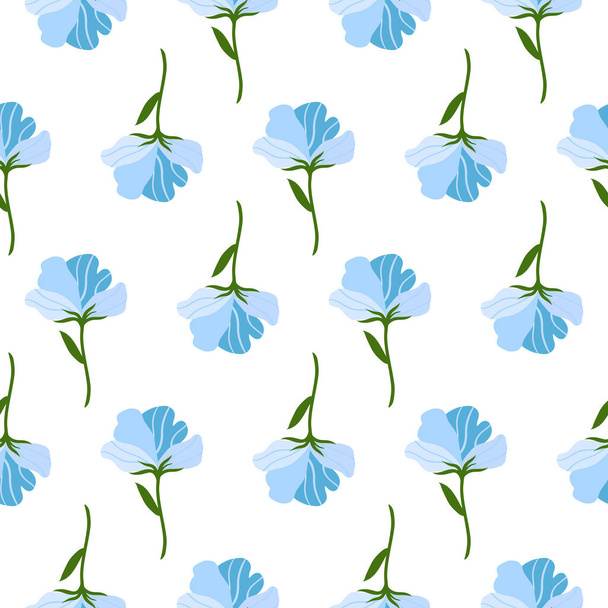 Patrón sin costuras con linda flor plana azul. Ilustración vectorial dibujada a mano sobre fondo blanco. Textura para imprimir, tela, textil, papel pintado - Vector, imagen