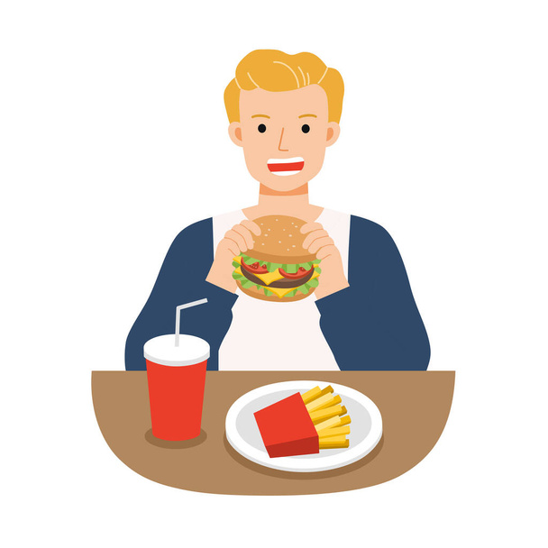 Young men eating hamburger with french fries, and soda. Fast food for life. Unhealthy foods concept. - Vector, Image