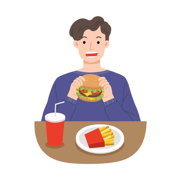 若い男性はフライドポテトとソーダでハンバーガーを食べる。人生のためのファーストフード。不健康な食品の概念. - ベクター画像