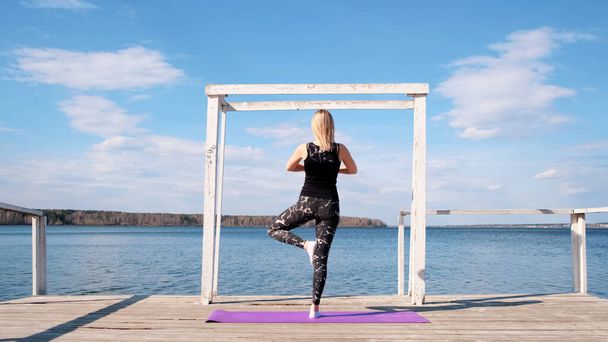 Vista posteriore di una donna in tuta sportiva che pratica yoga su un molo di legno vicino al lago blu. Concetto. Concetto di relax e cura del corpo, facendo asana su sfondo cielo blu estate. - Foto, immagini