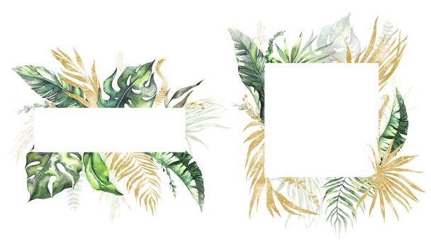Acuarela invitaciones de verano marcos con hojas de palma secas tropicales pintadas a mano, ramas de verde, hojas de oro. Ramo floral romántico perfecto para tarjetas de felicitación de boda, invitación y más. - Foto, imagen