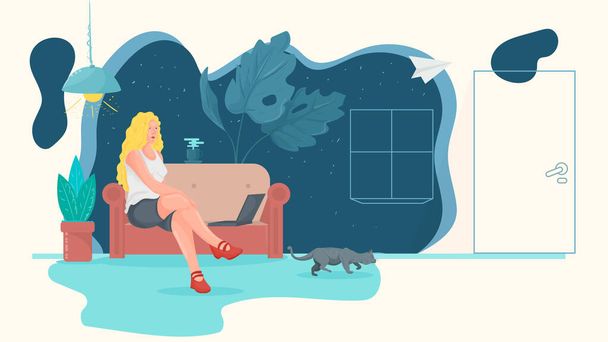 Eine Frau im Raum sitzt auf dem Sofa und kommuniziert im Internet in einem Laptop, eine Illustration im flachen Stil, für Design-Design - Vektor, Bild