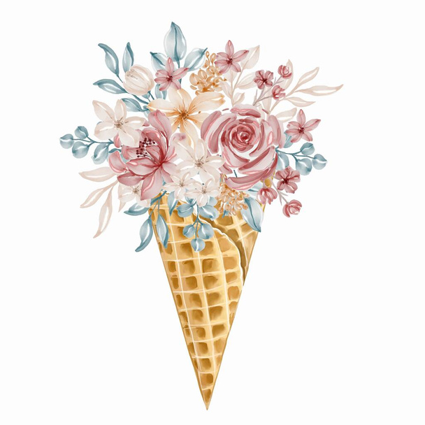 Színes Virág csokor fagylalt kúp, zöld levelek, Tavaszi dísz koncepció. Virágos poszter, meghívó. Vektor elrendezés dekoratív üdvözlőkártya vagy meghívó design akvarell háttér. Kézzel rajzolt illusztráció - Vektor, kép