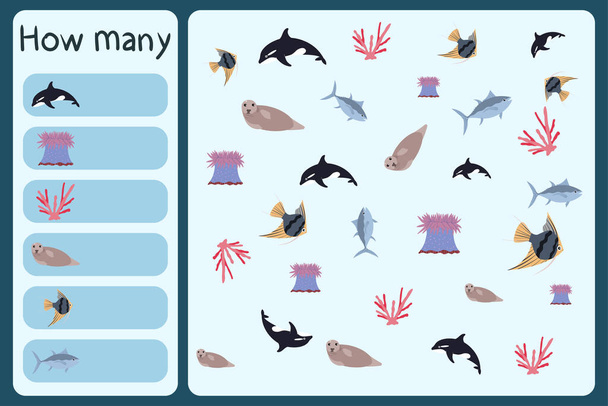 Дитяча математична міні-гра - порахуйте, скільки морських тварин вбивця кит, анемон, корал, тюлень, скаляр, тунець
. - Вектор, зображення