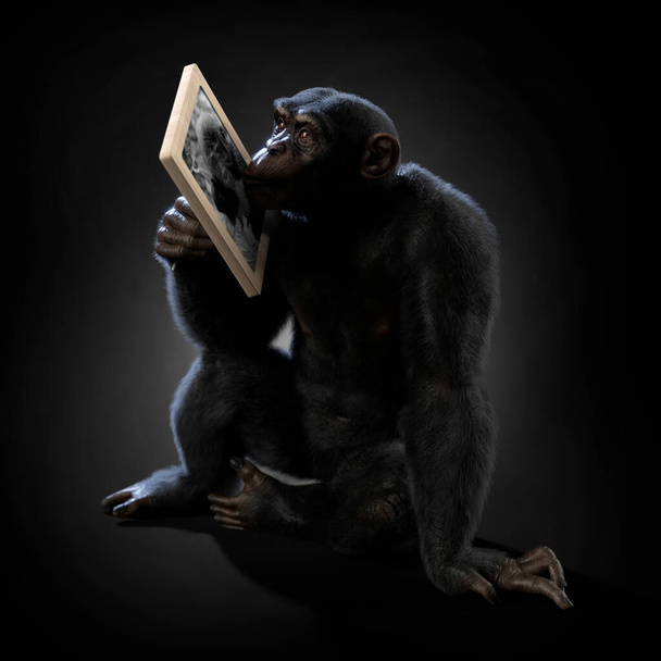 Ένα πορτραίτο χιμπατζή που κρατάει φωτογραφία ενός μικρού χιμπατζή, με μαύρο φόντο. 3D απεικόνιση - Φωτογραφία, εικόνα