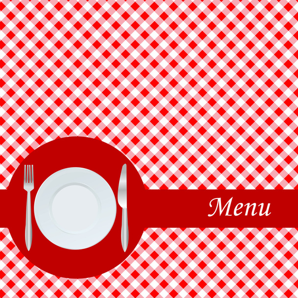 Cartão de menu com placa, garfo e faca
 - Foto, Imagem