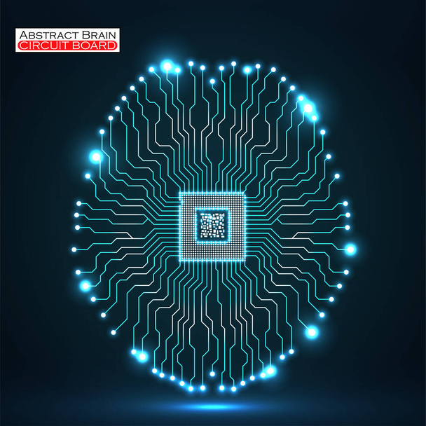 Cerebro tecnológico de neón abstracto, inteligencia artificial con CPU, placa de circuito. Ilustración vectorial - Vector, imagen